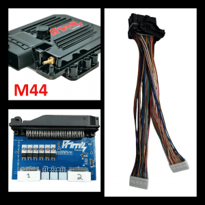Collage of automotive engine control components: M44 ECU, blue circuit-board controller, and multicolored wiring harness kit