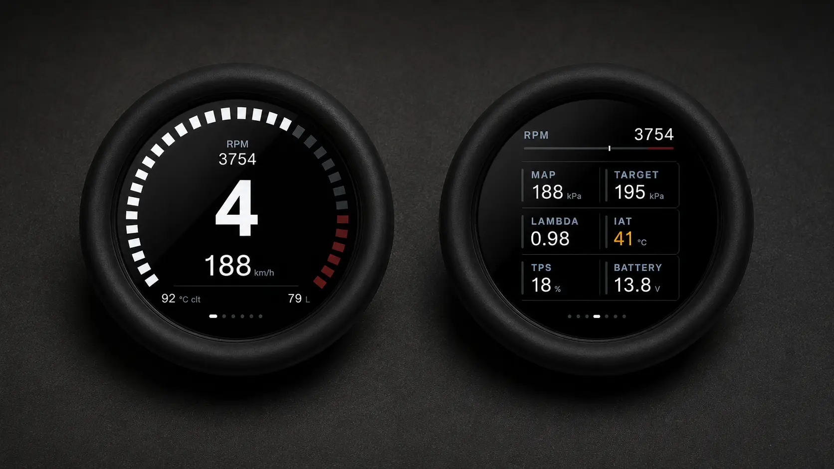 Dual round car gauges on a dark surface: left shows 3754 RPM and 188 km/h in 4th gear; right shows engine data (MAP 188 kPa, Target 195 kPa, Lambda 0.98, IAT 41°C, TPS 18%, Battery 13.8 V).