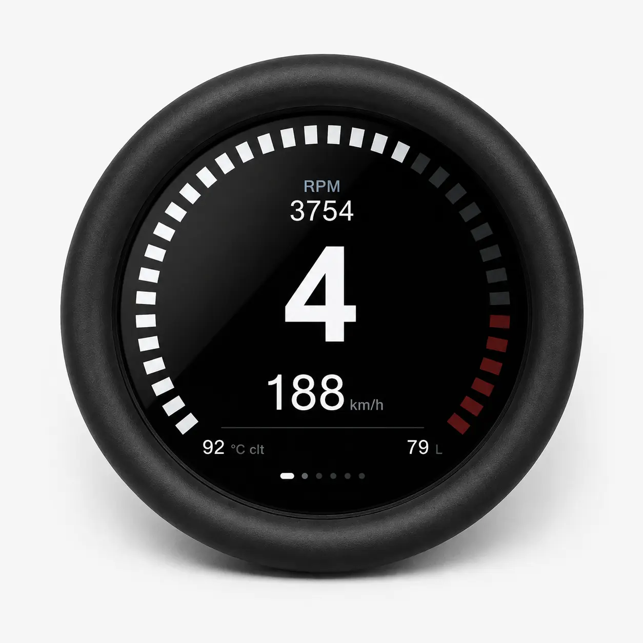 Circular car tachometer showing RPM 3754, speed 188 km/h, and a large bold number 4 with coolant 92°C and fuel 79 L displayed below