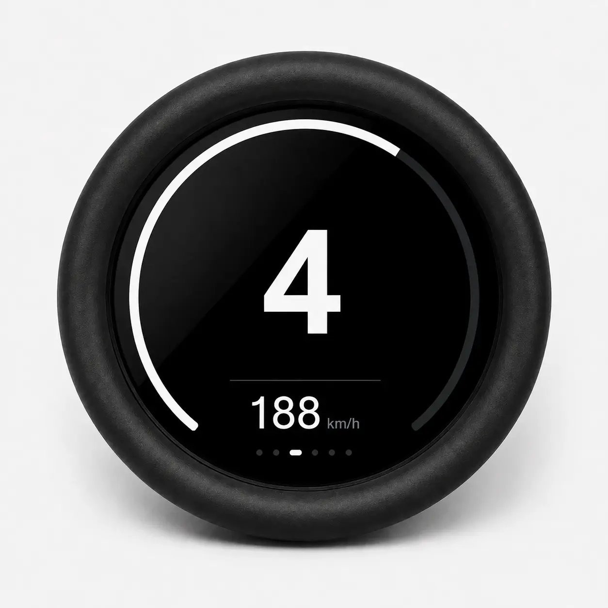 Circular black speedometer showing 188 km/h with a large white '4' at center.
