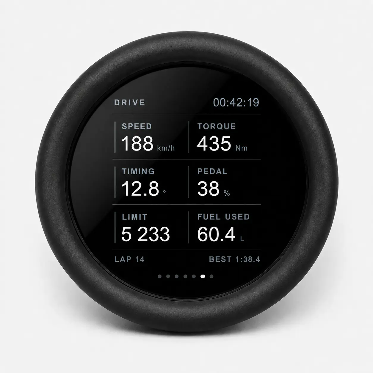 Circular car gauge displaying performance stats: speed 188 km/h, torque 435 Nm, timing 12.8°, pedal 38%, fuel 60.4 L, lap 14, best 1:38.4.