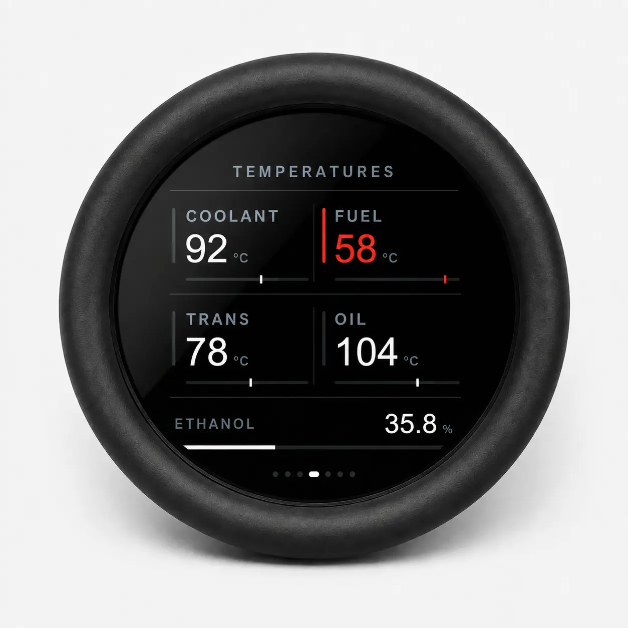 Circular car-diagnostic gauge showing temperatures: coolant 92°C, fuel 58°C, trans 78°C, oil 104°C, ethanol 35.8%.