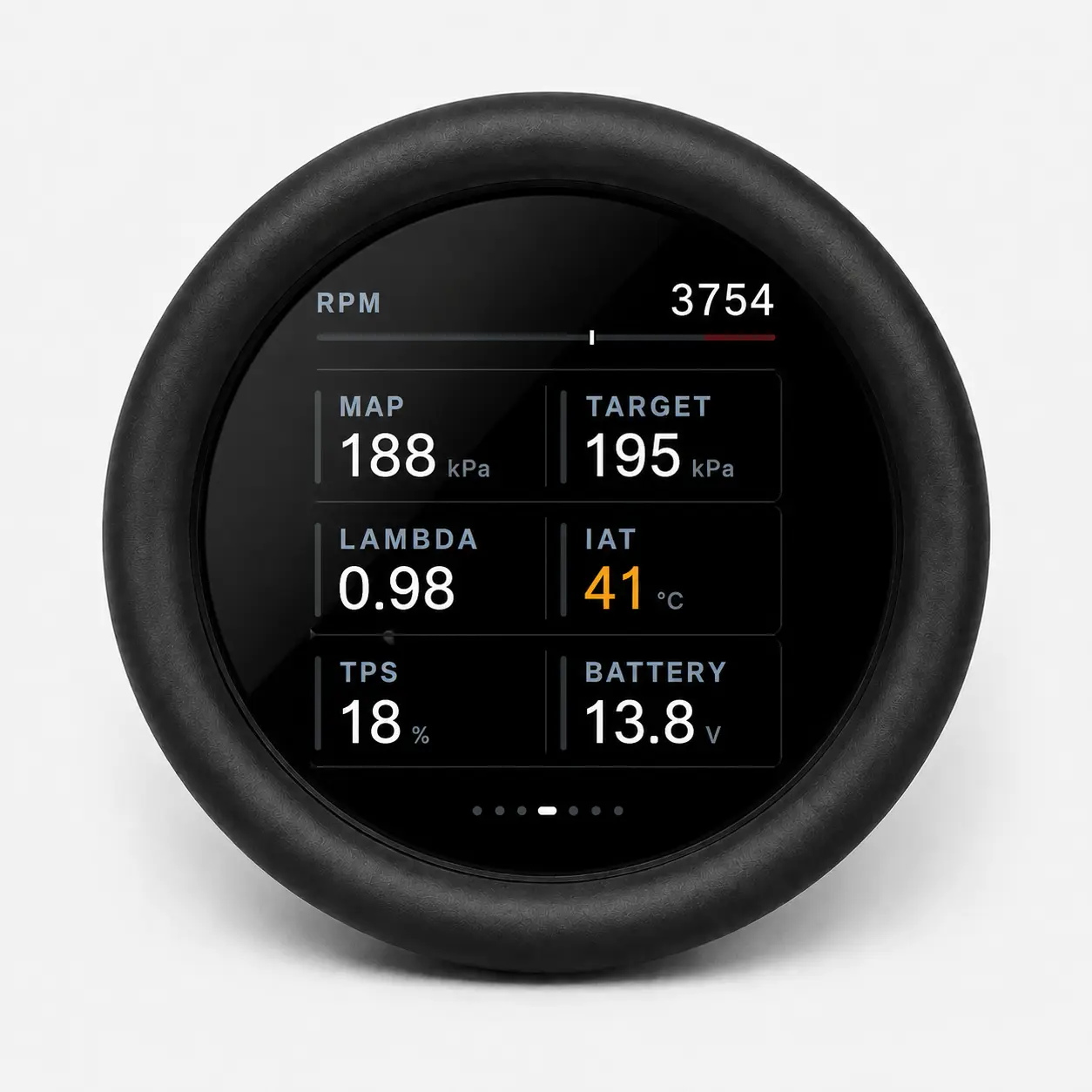 Circular engine diagnostic gauge showing RPM 3754, MAP 188 kPa, target 195 kPa, lambda 0.98, IAT 41°C, TPS 18%, battery 13.8V